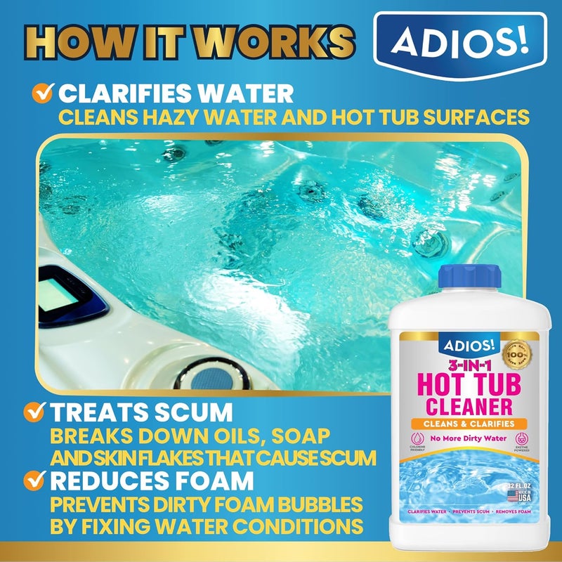 ADIOS! 3-in-1 Hot Tub Cleaner Clarifies Water, Prevents Scum, Removes Foam and Stops Odors - 32oz (Quart) - Image 2